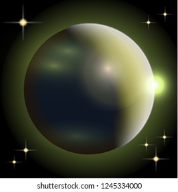 Abstract universe with planets and bright stars. Effects of halo light on a dark background, flashes of light. Vector space illustration.