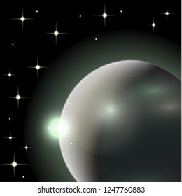 Abstract universe with planets and bright stars. Effects of halo light on a dark background, flashes of light. Vector space illustration.