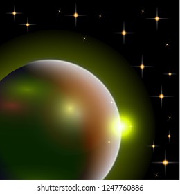 Abstract universe with planets and bright stars. Effects of halo light on a dark background, flashes of light. Vector space illustration.