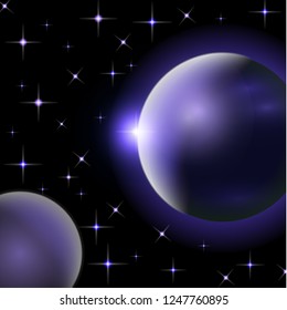 Abstract universe with planets and bright stars. Effects of halo light on a dark background, flashes of light. Vector space illustration.