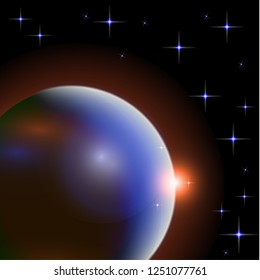 Abstract universe with planets and bright stars. Effects of halo light on a dark background, flashes of light. Vector space illustration.