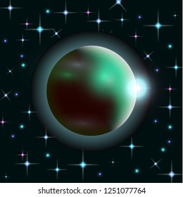 Abstract universe with planets and bright stars. Effects of halo light on a dark background, flashes of light. Vector space illustration.