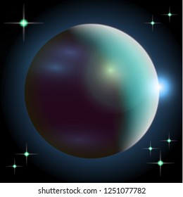 Abstract universe with planets and bright stars. Effects of halo light on a dark background, flashes of light. Vector space illustration.