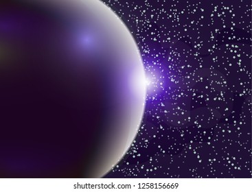 Abstract universe with planets and bright stars. Effects of halo light on a dark background, flashes of light. Vector space illustration.