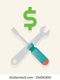 Abstract unusual business repair symbol icon with screwdriver, wrench and dollar in form of skull and crossbones sign. 
Crisis management, Bankruptcy helping concepts.