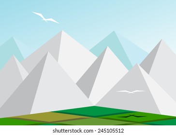 Abstract unusual landscape of the mountain, earth and couple of birds