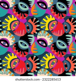 Abstract unusual psychedelic colorful seamless pattern with  chaotic eyes