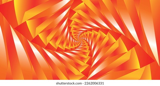 Abstract unusual psychedelic wide horizontal spiral illustration striped with gradient orange, red, yellow and white triangles and lines. Spiral striped pattern effect.