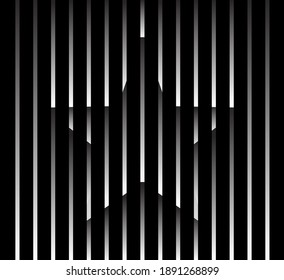 Abstract unusual star sign logo on geometric black and white gradient stripes background. Luxury stripe pattern. Vector seamless fabric texture.