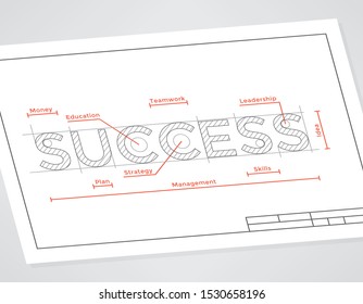 Abstract unusual technical drawing with Success word. Idea - Business education, Business success elements: Leadership, Money, Skills, Management, Strategy, Planning, Teamwork, Education