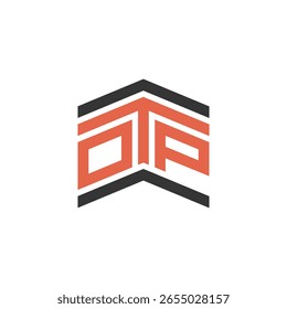 Um logotipo de seta abstrato apontando para cima em preto e laranja, formado por linhas paralelas que incorporam habilmente as letras "D", "T" e "P"