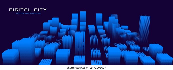 Abstract Urban Architecture Smart Digital City Concept. Blue Lines High Towers Future City Concept. VR Virtual Reality Abstract Digital Tech Buildings. Modern Technology Vector Illustration.