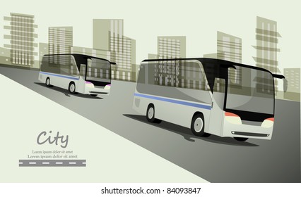 Abstract urban background with 2 city bus. Vector illustration