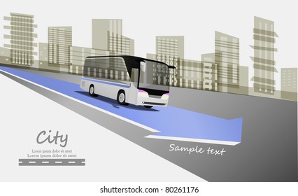 Abstract urban background with city bus on blue arrow. Vector