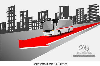 Abstract urban background with city bus on red arrow. Vector