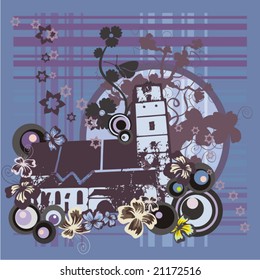 Abstract urban background with floral and grunge details. Vector illustration.