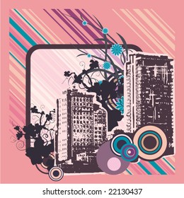 Abstract urban background with floral and grunge details. Vector illustration.
