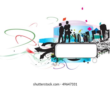 Abstract urban background with standing businessman silhouette, Vector illustration.