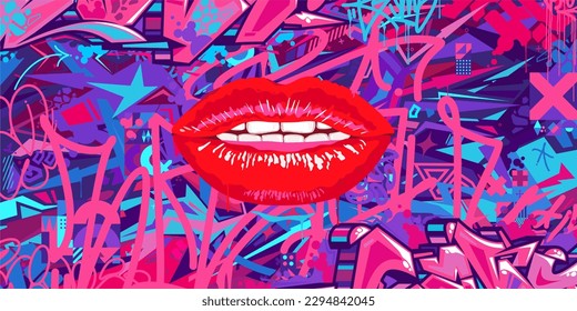 Abstract Urban Colorful Futuristic Street Art Graffiti Style Background With Big Lips Vector Illustration