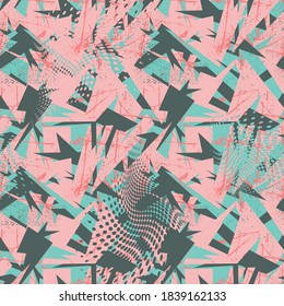 Abstract urban colorful seamless pattern with curved elements and grunge spots