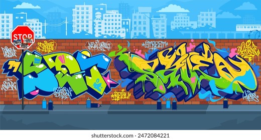 Abstract Urban Graffiti Brick Wall With Street Art Drawings Against The Background Of The Cityscape