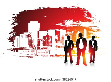 abstract urban grunge city background with standing businessman ,vector illustration