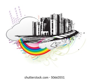 Abstract urban grunge city on showing right way, vector illustration