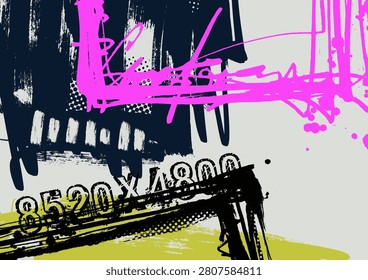 Abstract urban grunge design featuring distressed typography, black brush strokes and vibrant pink and green paint splashes on a textured background.