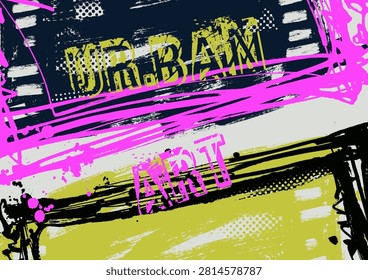 Abstract urban grunge design featuring distressed typography, black brush strokes and vibrant pink and green paint splashes on a textured background.