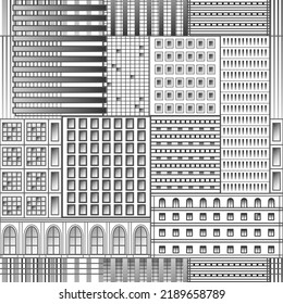 Resumen del paisaje urbano. Paisaje urbano. Edificios de varias plantas. Patrón vectorial sin cable. Fondo monocromo.