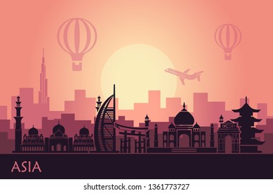 Abstract urban landscape with landmarks of Asia at sunset