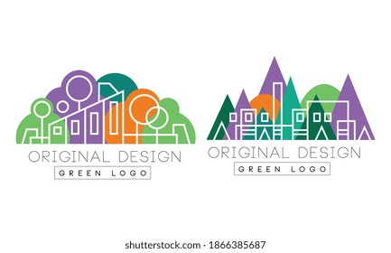 Abstract Urban Landscape with Linear City Building Against Colorful Park Background Vector Set