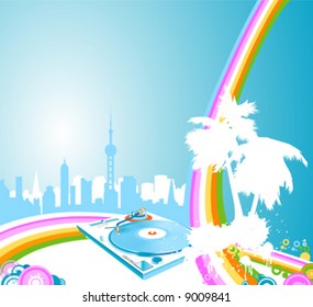 abstract urban landscape with rainbow