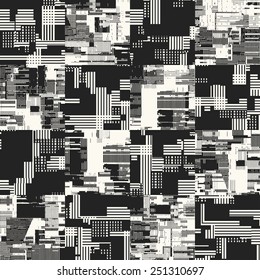 Abstract urban motif  geometric textured background with noisy fragments in black and white. Seamless pattern. Vector.