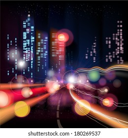 Abstract urban night landscape with parts of buildings,lights cars,city,metropolis. Vector background. Effect blur, bokeh, light point, color flows. The world of light and color. handiwork.