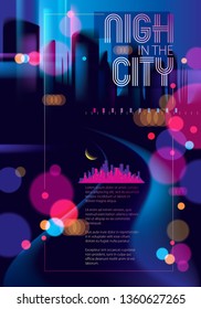 Abstract urban night light bokeh defocused background. Effect vector beautiful background. Blur colorful dark background with cityscape, buildings silhouettes skyline. 