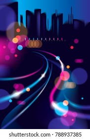 Abstract urban night light bokeh defocused background. Effect vector beautiful background. Blur colorful dark background with cityscape, buildings silhouettes skyline.