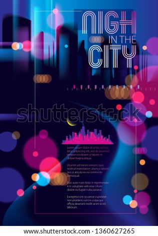 Abstract urban night light bokeh defocused background. Effect vector beautiful background. Blur colorful dark background with cityscape, buildings silhouettes skyline. 