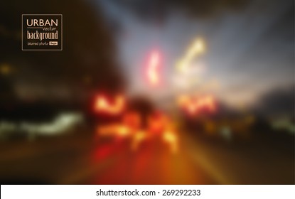 Abstract urban night scene background. Blurred defocused lights of heavy traffic. Vector illustration