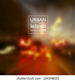 Abstract urban night scene background. Blurred defocused lights of heavy traffic. Vector illustration