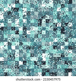 Abstract urban pixel motif skyblue and gray geometric brushed texture background. Vector camouflage seamless pattern textile print.