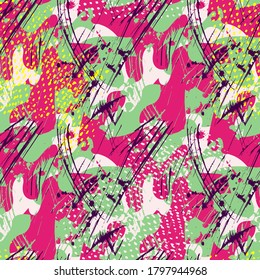 Abstract urban seamless colorful pattern with chaotic shapes, grunge spots.