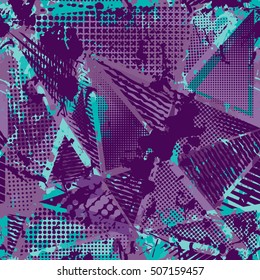 Abstract urban seamless pattern. Grunge texture background. Scuffed drop sprays, triangles, dots, neon spray paint, splash. Urban modern dirty dark wallpaper. Fashion textile, sport fabric. torn style
