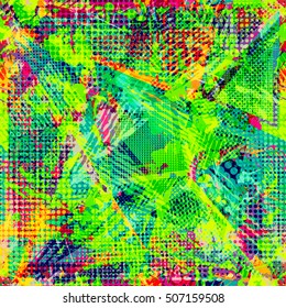 Abstract urban seamless pattern. Grunge texture background. Scuffed drop sprays, triangles, dots, neon spray paint, splash. Urban modern dirty dark wallpaper. Fashion textile, sport fabric. torn style