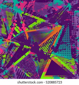 Abstract urban seamless pattern. Grunge texture background. Scuffed drop sprays, triangles, dots, neon spray paint, splash. Urban modern dirty dark wallpaper. Fashion textile, sport fabric. torn style