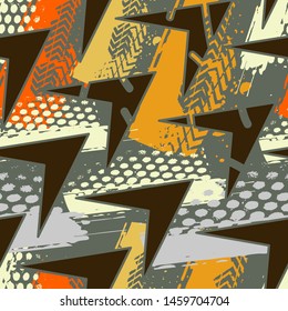 Abstract urban seamless pattern with repeated arrows, grunge elements on the background.