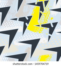 Abstract urban seamless pattern with repeated arrows, grunge elements on the background.