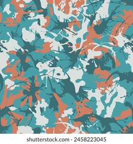 Abstract urban smear camouflage pattern with paint strokes and splashes elements for textile.  Camo military seamless texture. Blue and orange grunge background. Vector 
