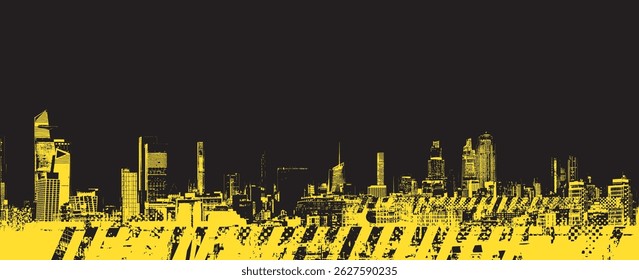 Tema urbano abstrato. Arte de rua Grunge contra arquitetura urbana geométrica, silhuetas de arranha-céus de grandes cidades. Design de camiseta. Nenhuma IA usada.