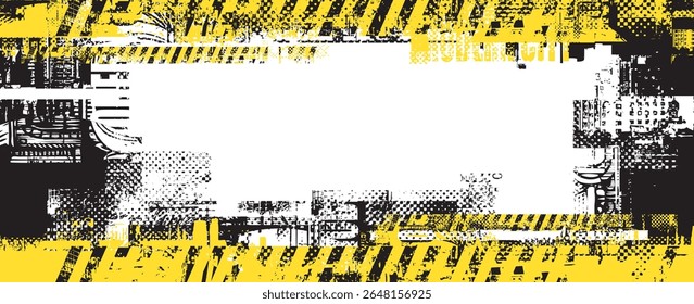 Abstract urban theme with space for text. Grunge street art on the background of spots and geometric shapes of urban architecture, newspaper clippings. T-shirt design. No AI used
